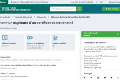 duplicatas du certificat de nationalité en ligne au Togo